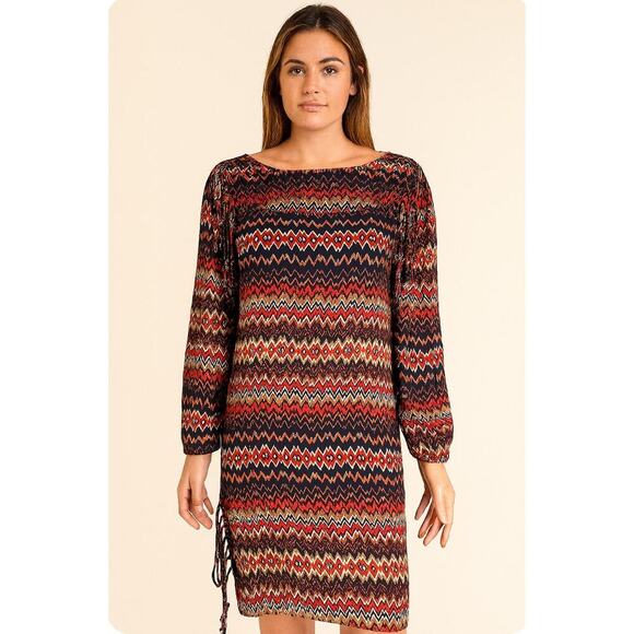 Zara Woman Dress Red Multicolor Chevron Stripes Long Sleeve Shift Fringe SZ M - Picture 1 of 8